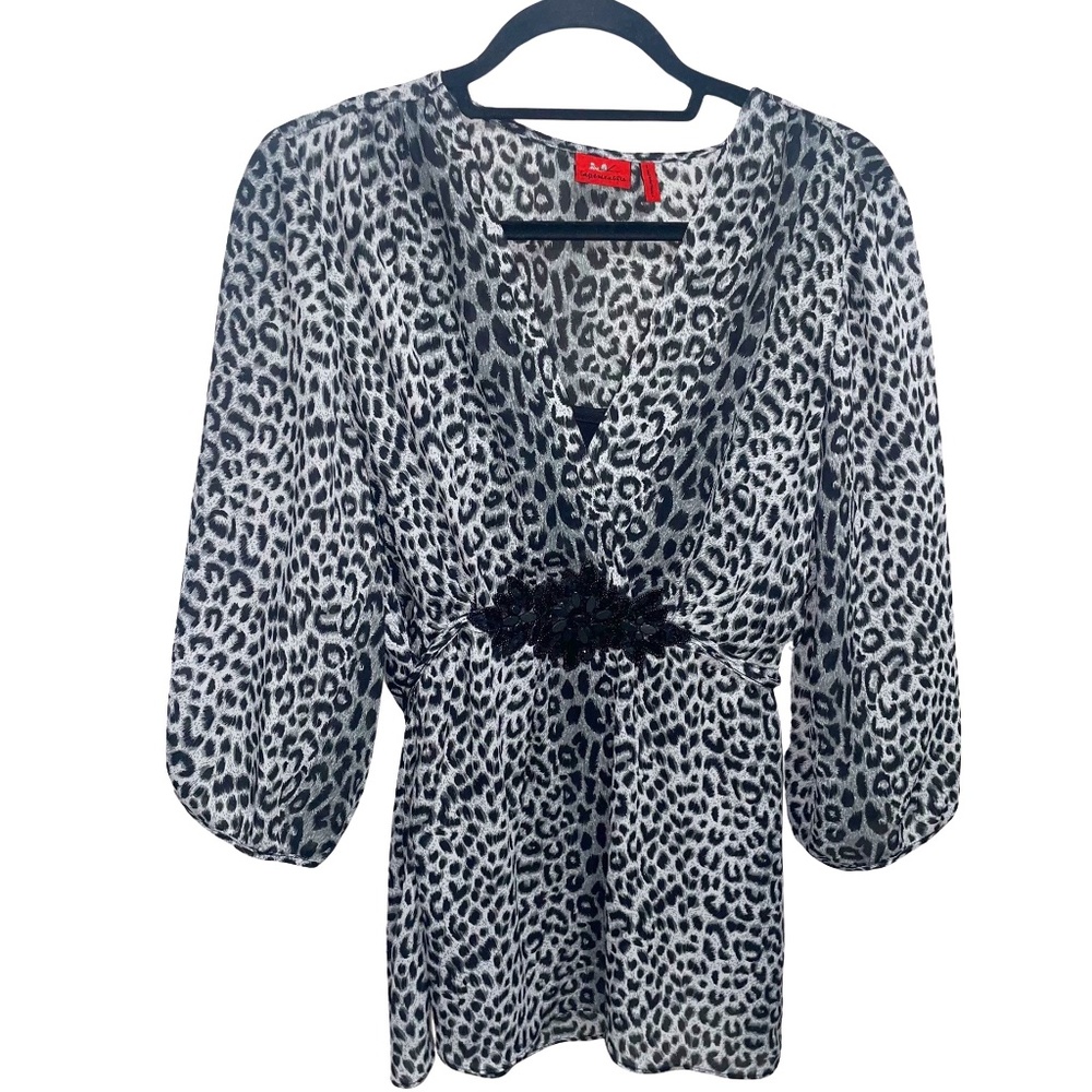 Tape Measure Leopard Print Faux Wrap Embellished 3/4 Sleeve V-Neck Top Sz L